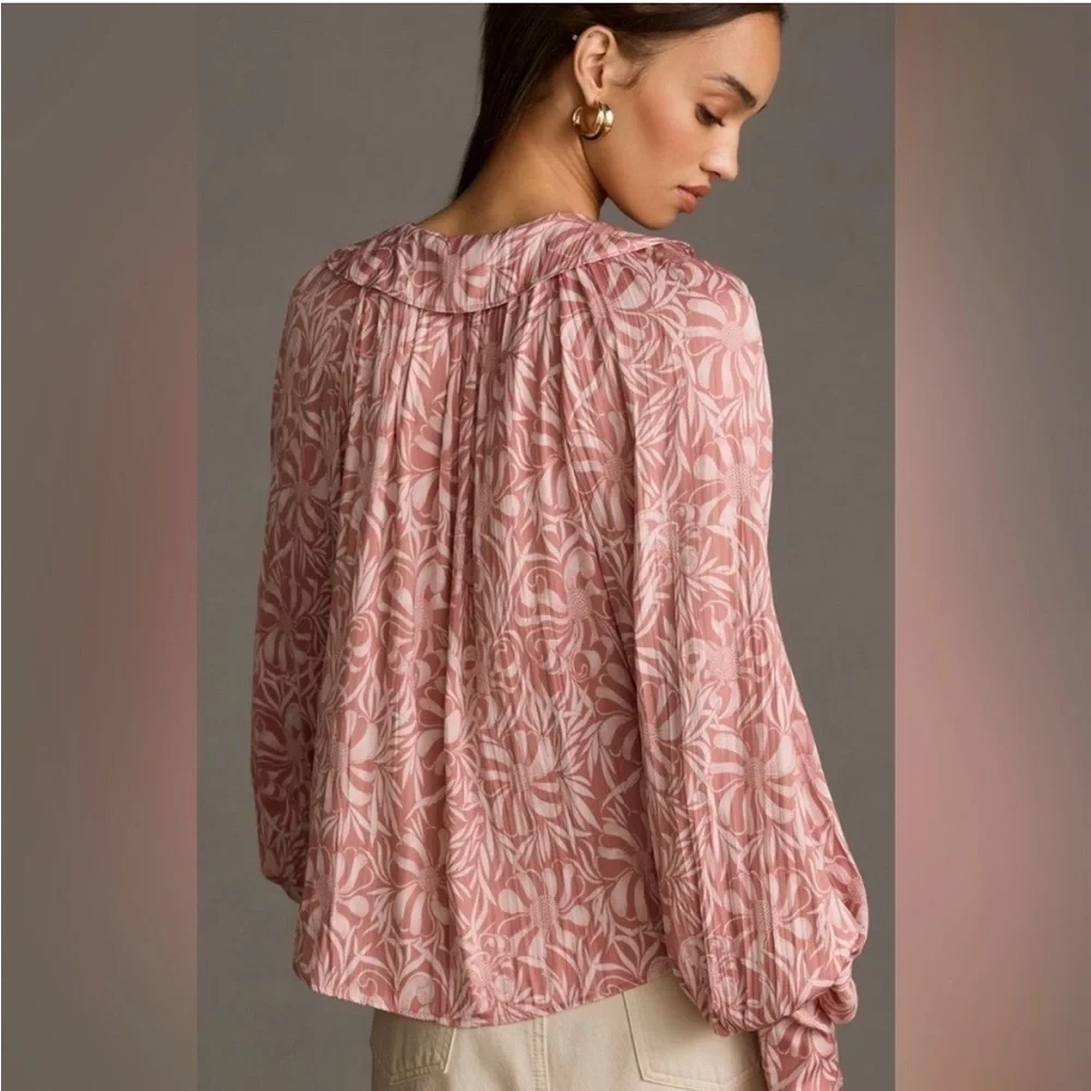 Anthropologie Pink Floral Boho Blouse Size SM Ruffle Tie Neck Peasant - Picture 3 of 13